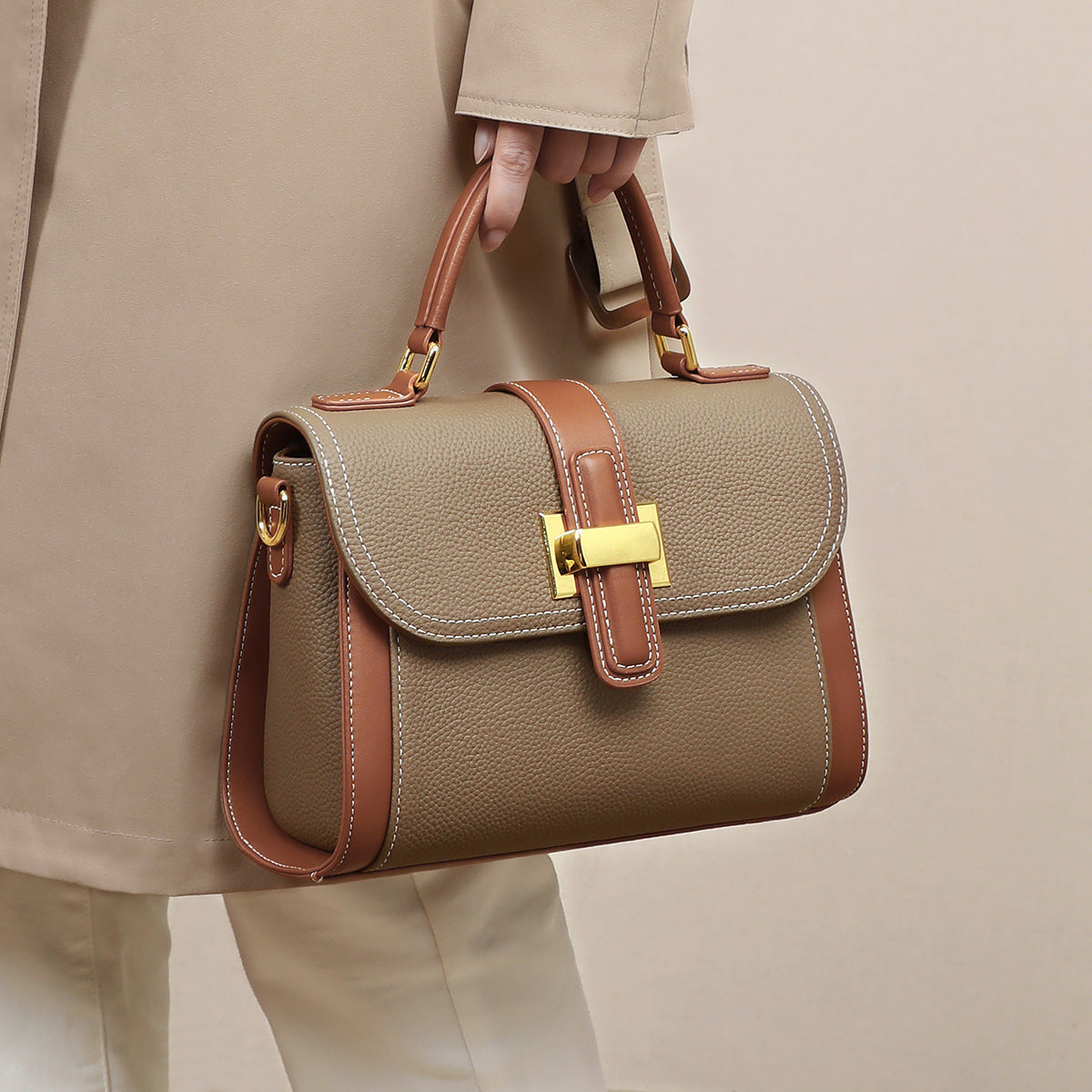 Genuine Leather Street Trend Handbag for Women – Soft Cowhide, Contrast Color, Horizontal Square Design