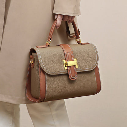 Genuine Leather Street Trend Handbag for Women – Soft Cowhide, Contrast Color, Horizontal Square Design