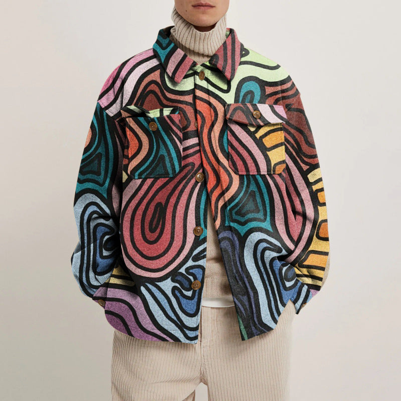 Men's Fashion Lapel Print Jacket – Stylish Lightweight Polyester Outerwear