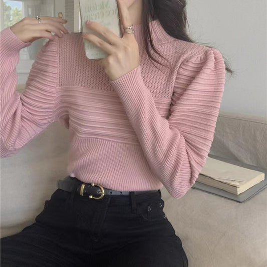 Women's Half Turtleneck Puff Sleeve Knitted Bottoming Shirt - Odyssey