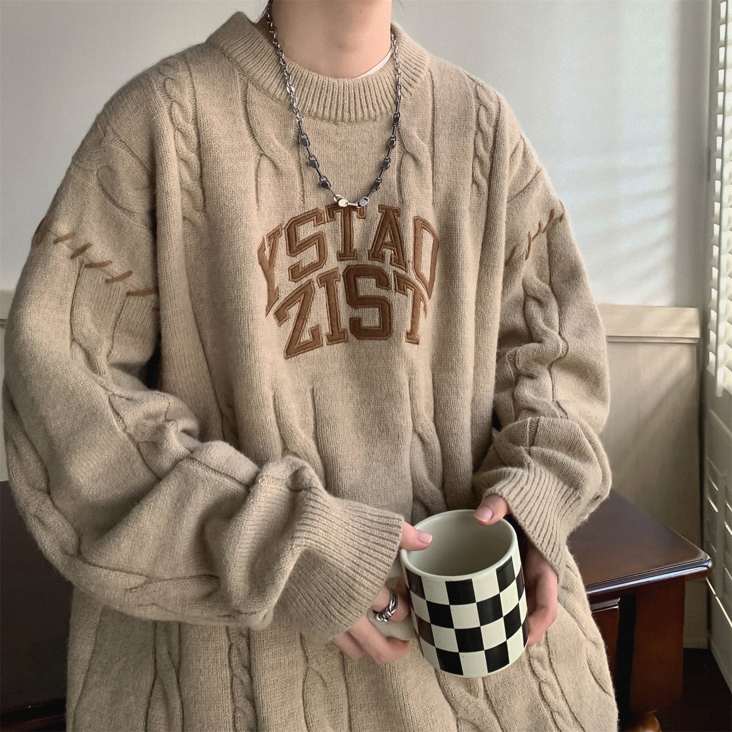 Men’s Thick Twist Knit Lazy Sweater – Warm Pullover Coat, 100% Polyester, Sizes M–2XL