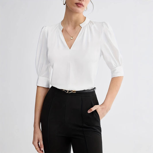 Summer Loose Solid Color Notched V-neck Half-sleeve Shirt for Women