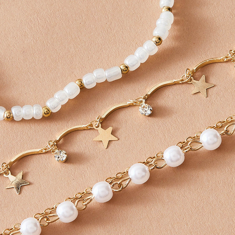 Three-piece Set Of Tassel Five-pointed Star Rice Beads Metal Anklet Female