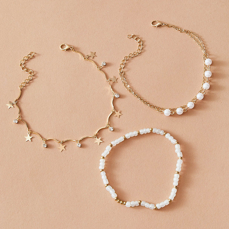 Three-piece Set Of Tassel Five-pointed Star Rice Beads Metal Anklet Female