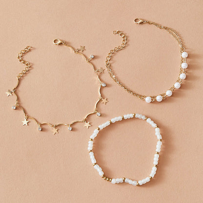 Three-piece Set Of Tassel Five-pointed Star Rice Beads Metal Anklet Female