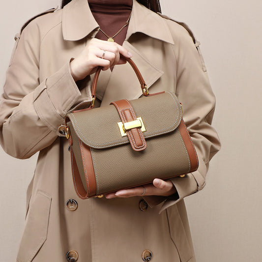 Genuine Leather Street Trend Handbag for Women – Soft Cowhide, Contrast Color, Horizontal Square Design