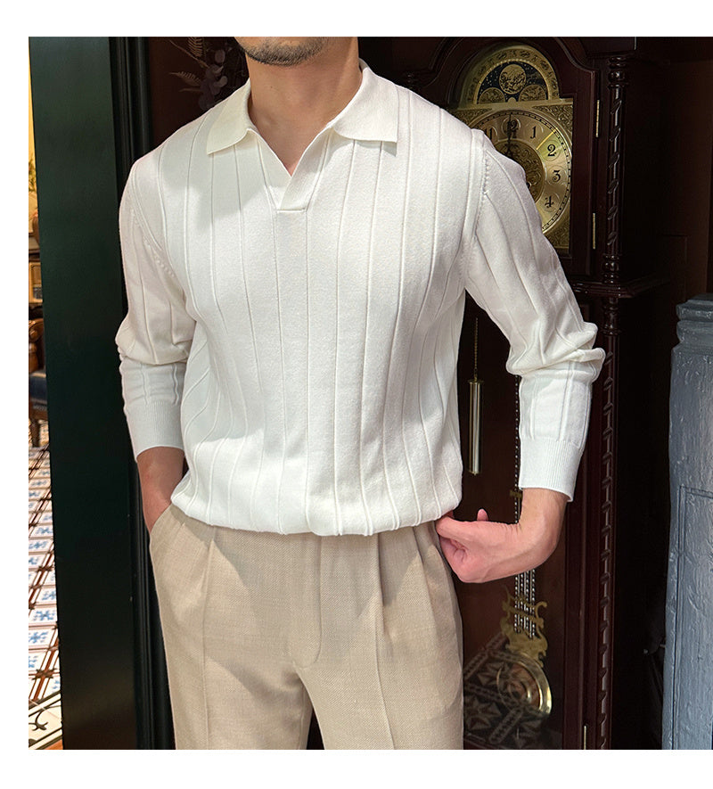 Men’s Loose Fit Pit Stripe V-Neck Long Sleeve T-Shirt – Wool Blend, Flip Collar, Casual Autumn Wear