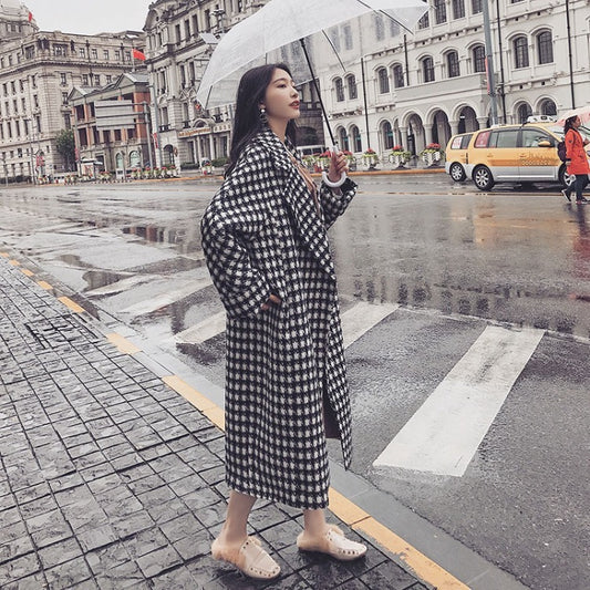 Korean Style Mid-length Over-the-knee Ladies Plaid Woolen Coat