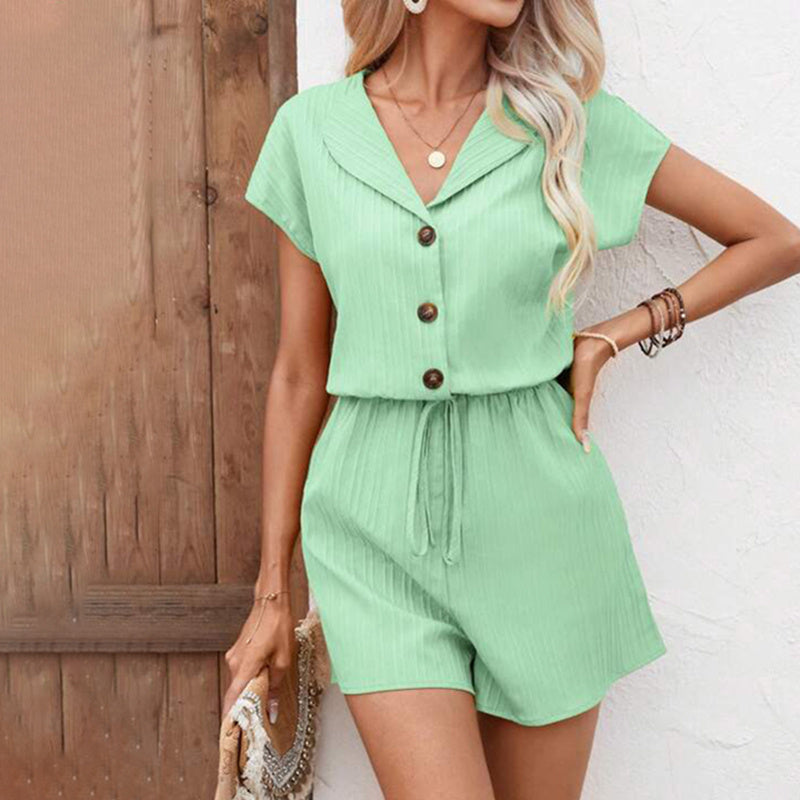 Women’s 2-Piece Summer Lounge Set – Textured Button-Down Shirt & Shorts