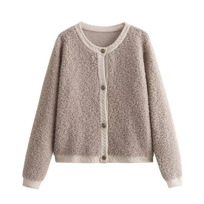 Women's Button-Decorated Terry Yarn Knitted Cardigan – Round Neck Coat