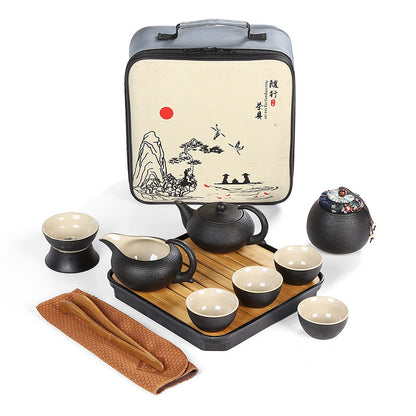 Japanese Black Pottery Tea Set – Ceramic Travel Tea Set with Ancient Pottery Finish & Tray