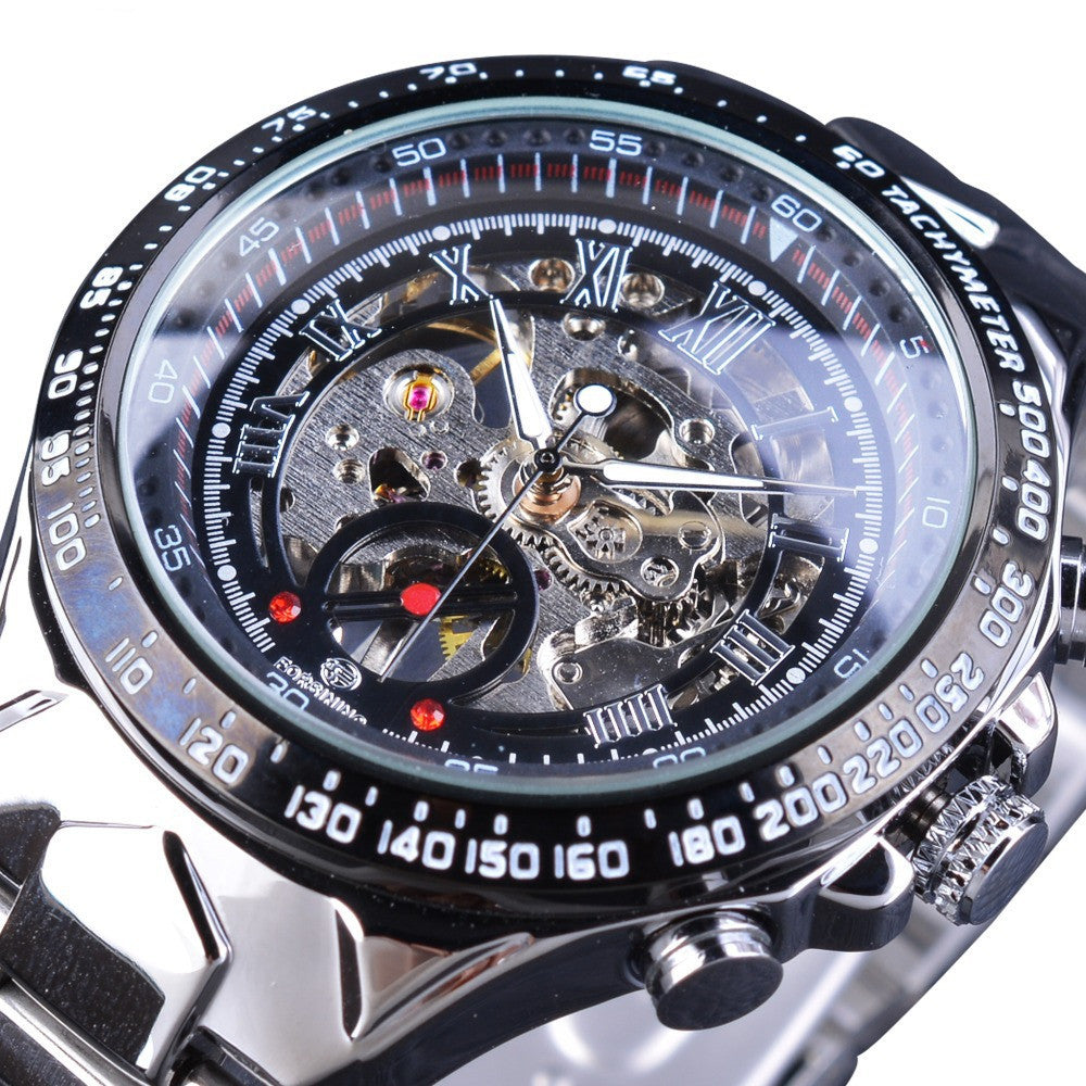 Men’s Waterproof Steel Band Mechanical Watch – 3ATM Alloy Case with Transparent Back