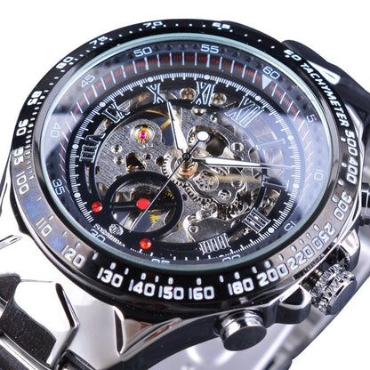 Men’s Waterproof Steel Band Mechanical Watch – 3ATM Alloy Case with Transparent Back