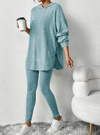 Stay stylish and comfy in this Ribbed Two-Piece Casual Set, perfect for lounging, errands, or low-key days out. Featuring a long sleeve hooded top paired with high-waisted skinny pants, this set offers a sleek silhouette with a sporty edge — all in a soft, stretchy ribbed fabric.