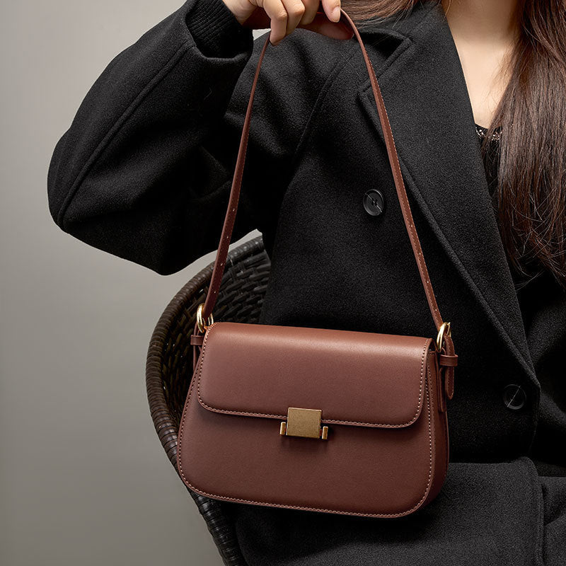 European Retro Genuine Leather Crossbody Bag for Women – Lock Design, Soft Cowhide, Daily Style