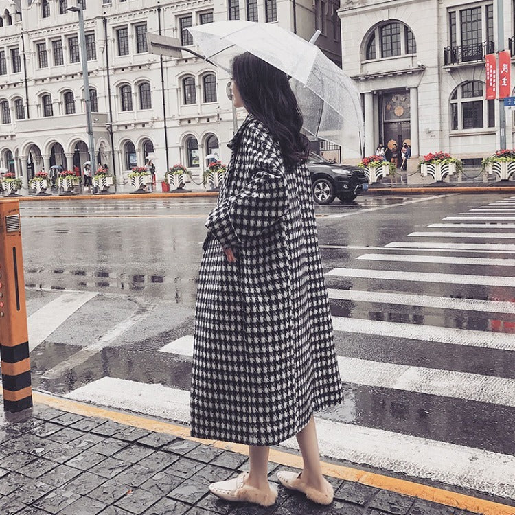 Korean Style Mid-length Over-the-knee Ladies Plaid Woolen Coat