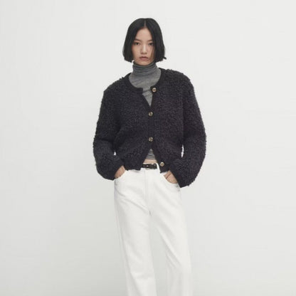 Women's Button-Decorated Terry Yarn Knitted Cardigan – Round Neck Coat