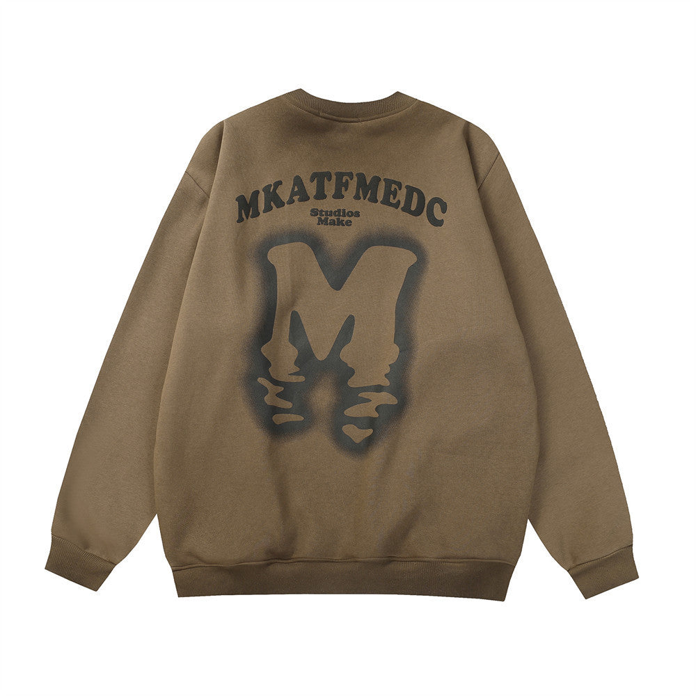 Gradient Inkjet Letter Crew Neck Brushed Hoodie – Stylish Casual Streetwear Sweatshirt