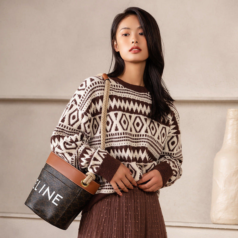 Women's Geometric Round Neck Loose Long Sleeve Sweater