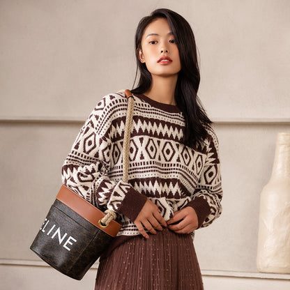 Women's Geometric Round Neck Loose Long Sleeve Sweater