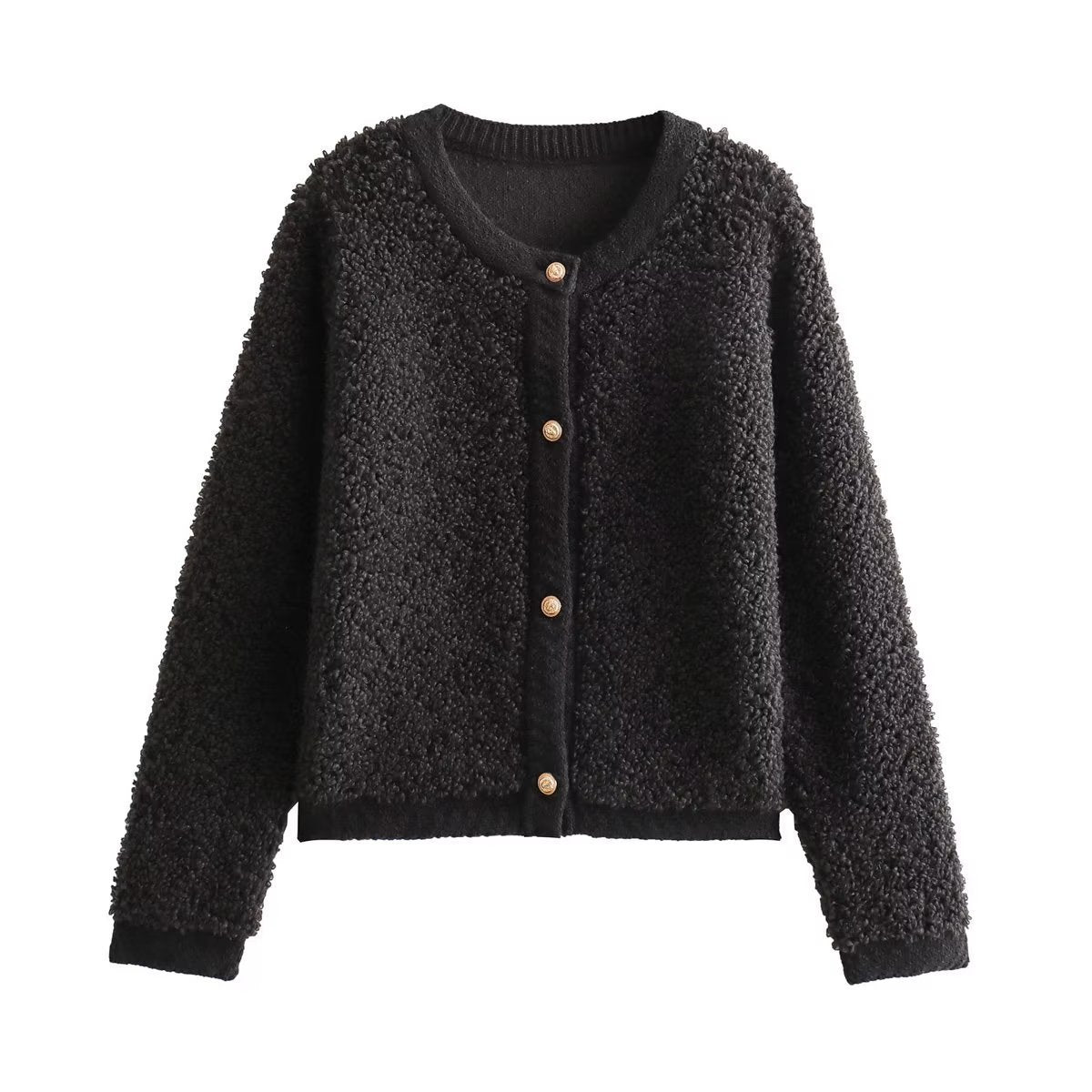 Women's Button-Decorated Terry Yarn Knitted Cardigan – Round Neck Coat