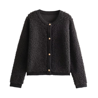 Women's Button-Decorated Terry Yarn Knitted Cardigan – Round Neck Coat