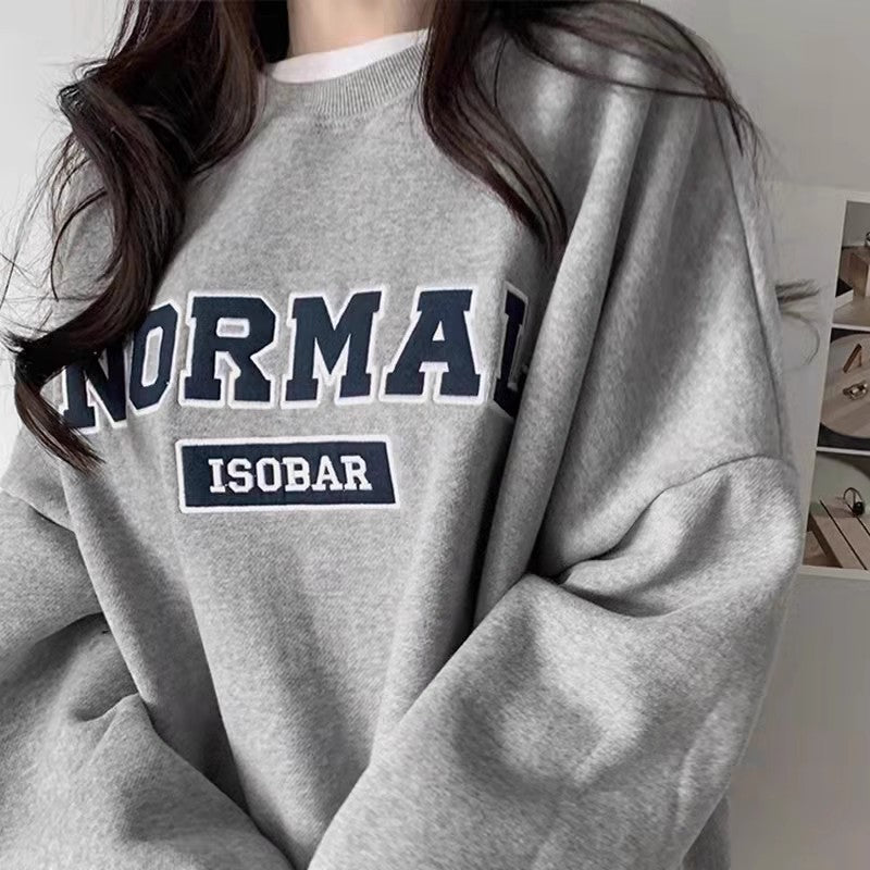 Gray Capless Round Neck Brushed Hoodie – Women's Loose Fit