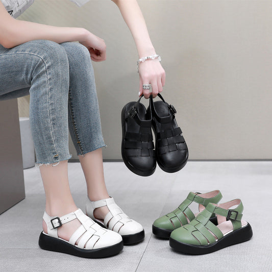 Cowhide Platform Retro Wedge Strap Roman Sandals