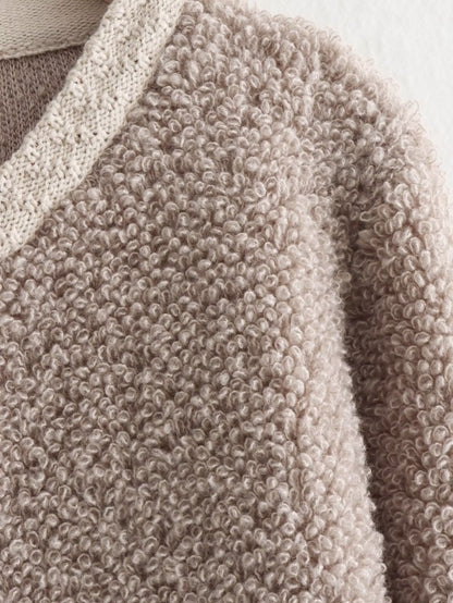 Women's Button-Decorated Terry Yarn Knitted Cardigan – Round Neck Coat
