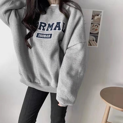 Gray Capless Round Neck Brushed Hoodie – Women's Loose Fit