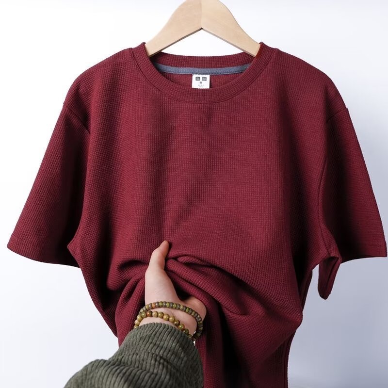 Men’s Waffle Knit Crew Neck T-Shirt – Casual Half Sleeve Pullover, Summer Solid Color