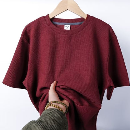 Men’s Waffle Knit Crew Neck T-Shirt – Casual Half Sleeve Pullover, Summer Solid Color