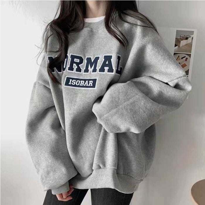 Gray Capless Round Neck Brushed Hoodie – Women's Loose Fit