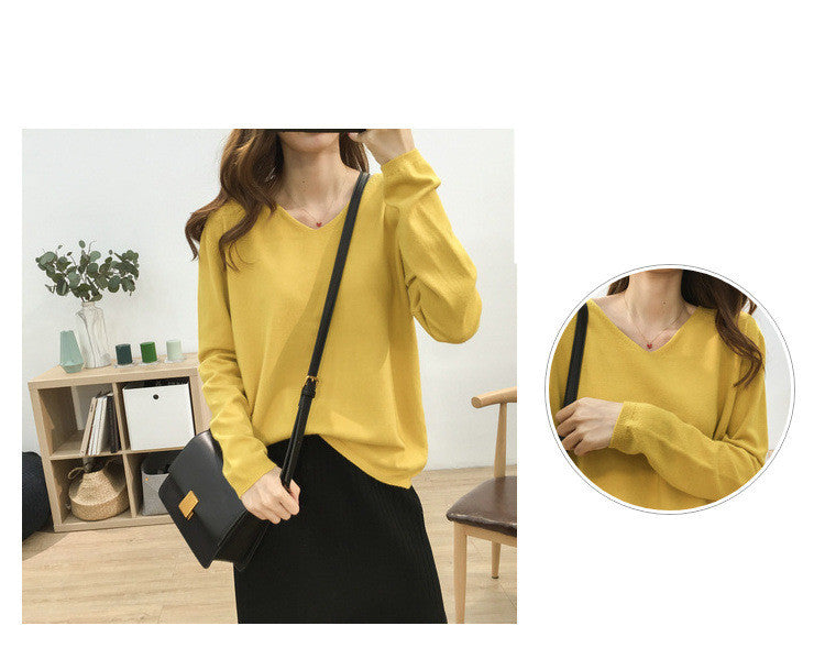 Loose Slimming V-neck Long-sleeved Sweater – Fresh & Sweet Korean Style