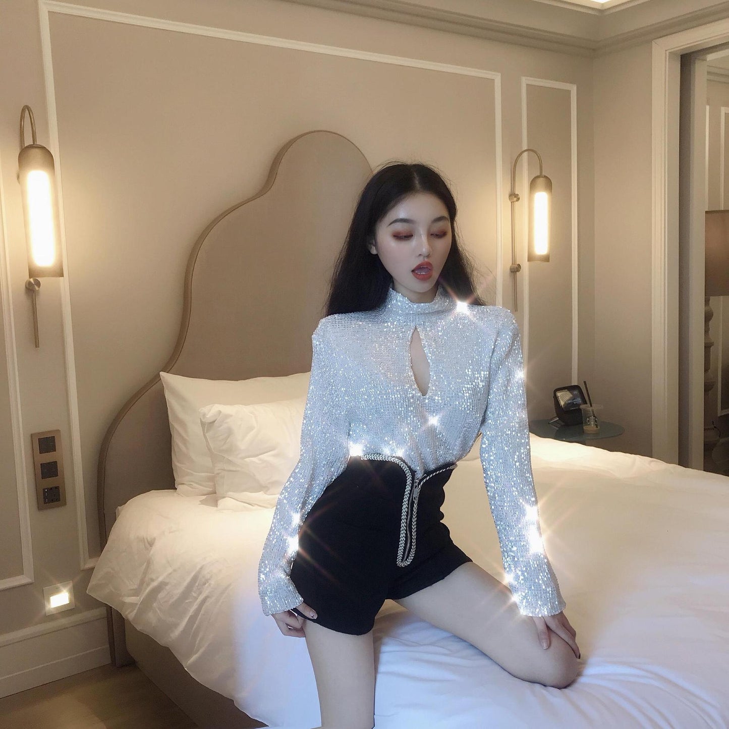 Ladies Two-piece Suit Heavy Sequins Temperament Long Sleeves