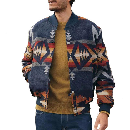 Men’s Geometric Pattern Stand Collar Cardigan Jacket – Casual Single-Breasted Lightweight Coat