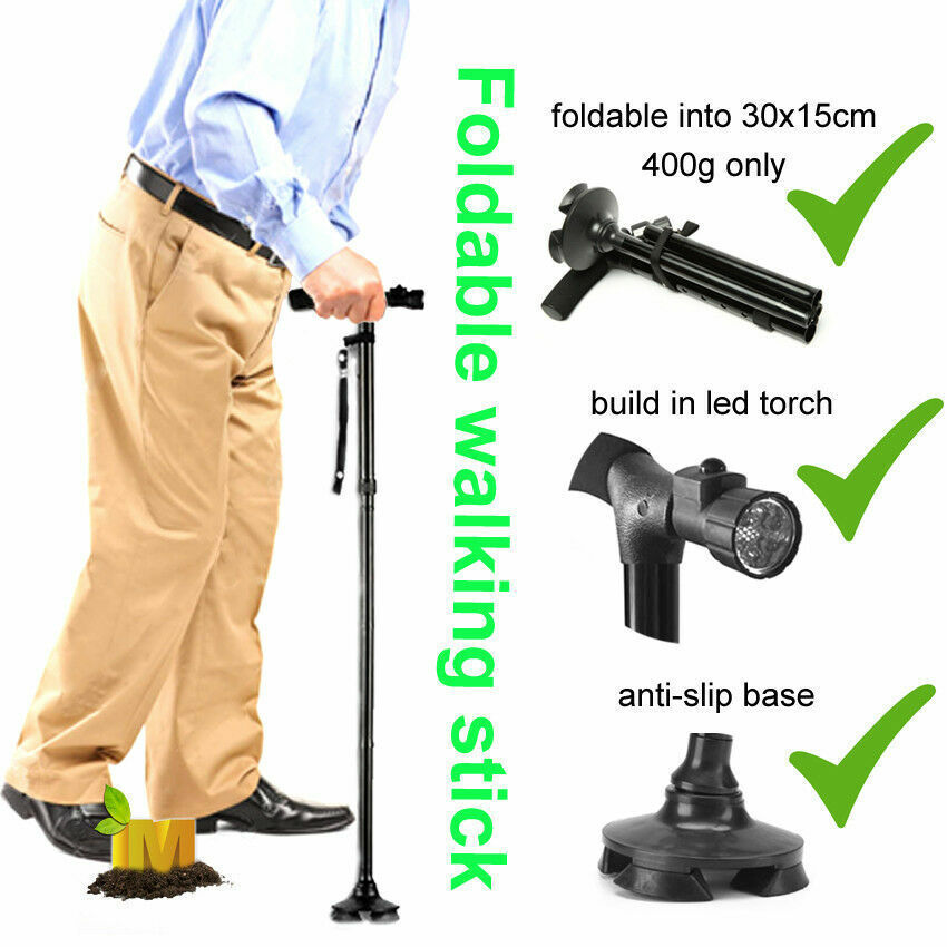 Collapsible Safety LED Walking Stick Adjustable Travel Hiking Cane Trekking Pole