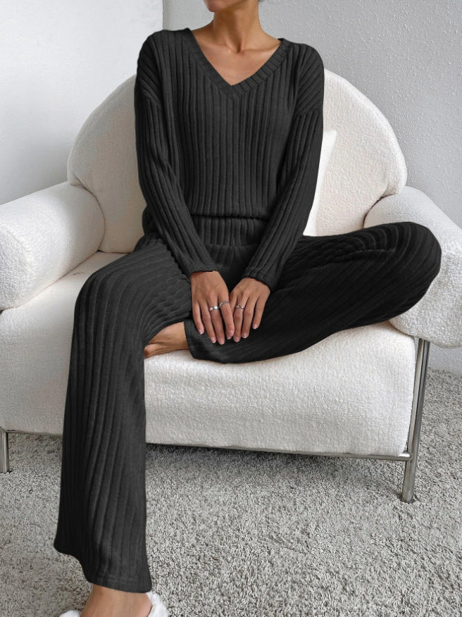 Fashion Solid Striped Suit – V-neck Long-sleeved Top & Casual Straight Pants