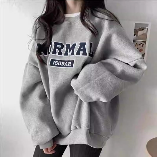 Gray Capless Round Neck Brushed Hoodie – Women's Loose Fit