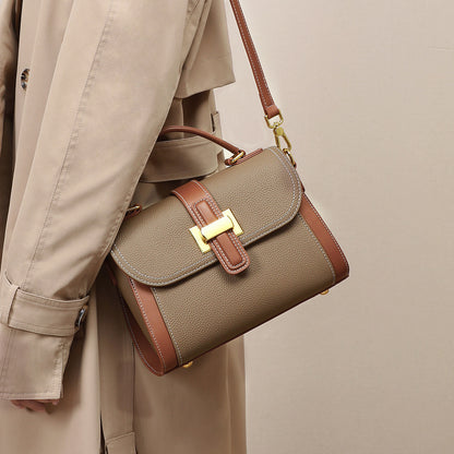 Genuine Leather Street Trend Handbag for Women – Soft Cowhide, Contrast Color, Horizontal Square Design
