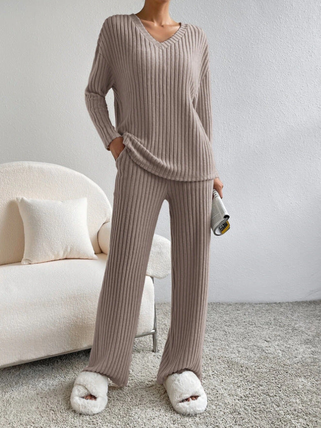Fashion Solid Striped Suit – V-neck Long-sleeved Top & Casual Straight Pants