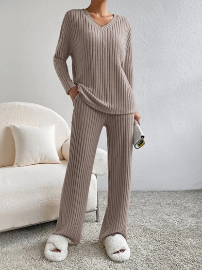 Fashion Solid Striped Suit – V-neck Long-sleeved Top & Casual Straight Pants