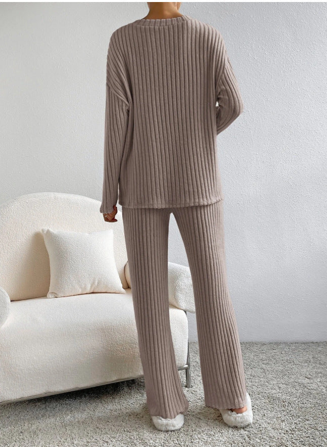 Fashion Solid Striped Suit – V-neck Long-sleeved Top & Casual Straight Pants