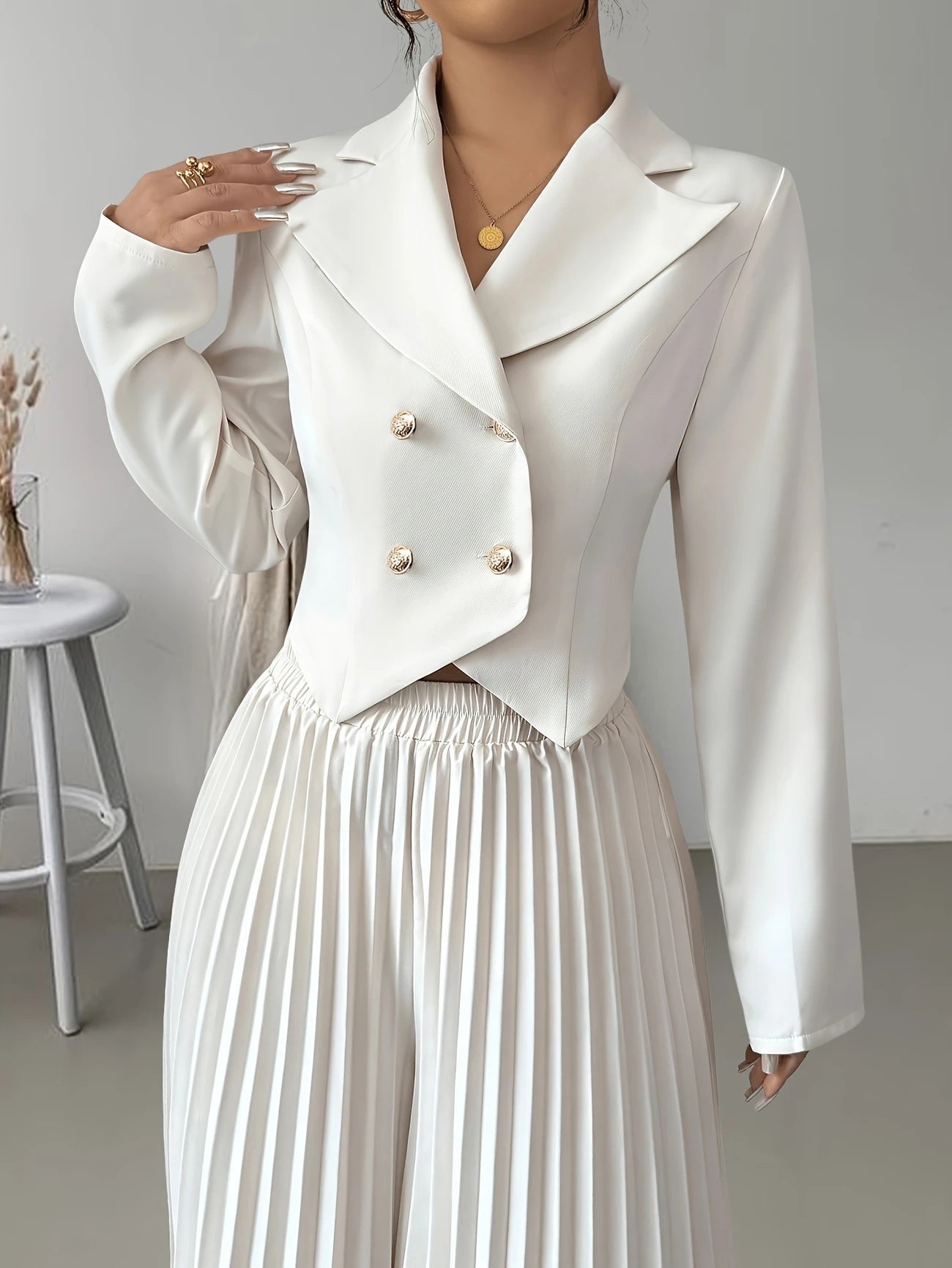 Women’s Long-Sleeved Top & Pleated Skirt Set – Suit Collar Style