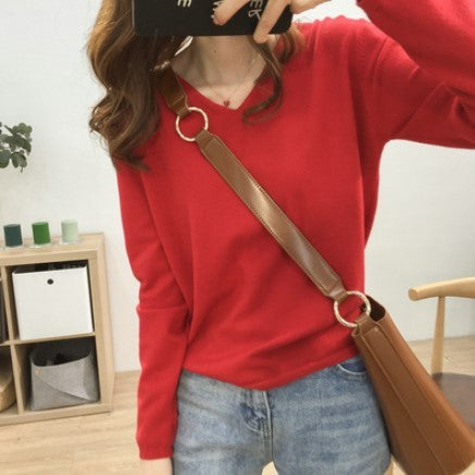 Loose Slimming V-neck Long-sleeved Sweater – Fresh & Sweet Korean Style