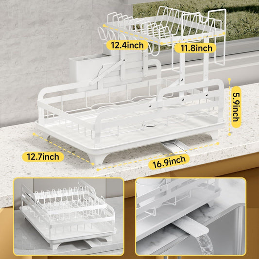White Space-saving Double-layer Kitchen Dish Draining Rack With Cup Holder And Cutlery Rack