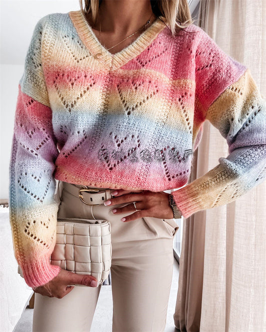 Printed Rainbow V-neck Pullover Women's Sweater