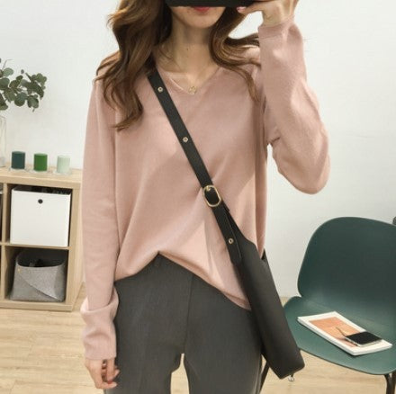 Loose Slimming V-neck Long-sleeved Sweater – Fresh & Sweet Korean Style