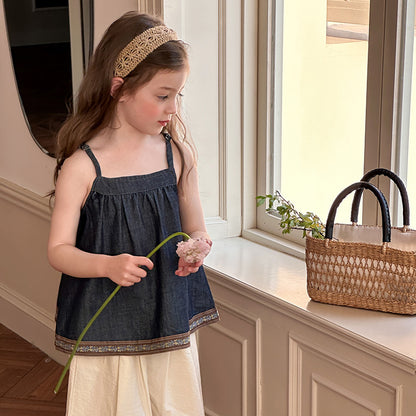 👧 New Retro Patchwork Jean Sun-top – Fashionable Sleeveless Vacation Style for Girls