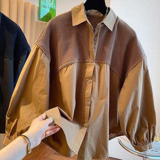 Niche Loose Casual Knitted Stitching Fake Two Pieces Shirts Women